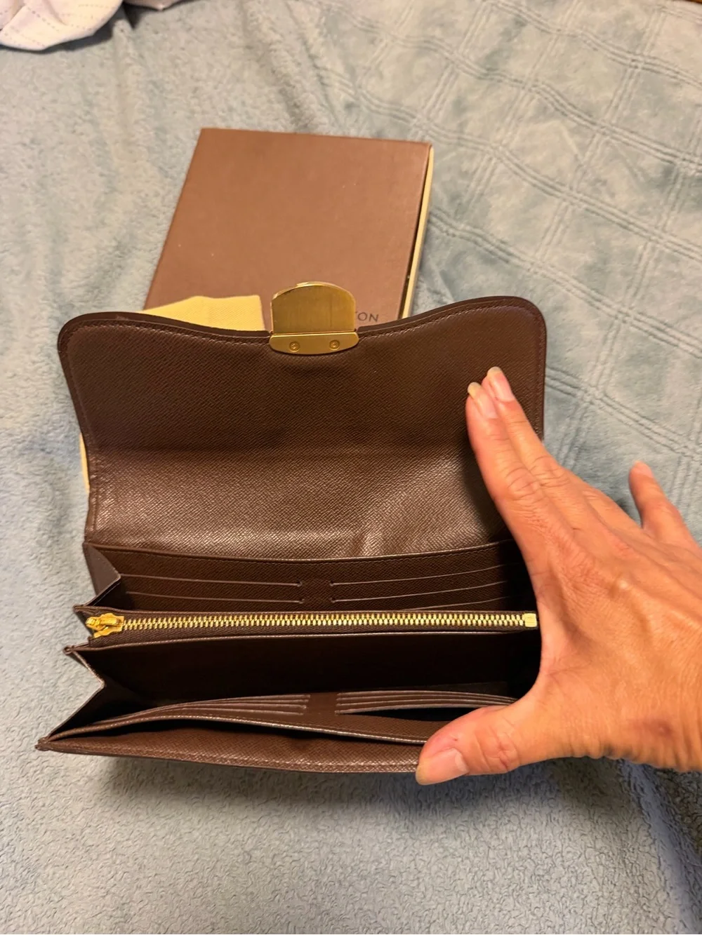 Louis Vuitton Damier Ebene Brown Check Canvas Clutch Wallet with Gold Hardware